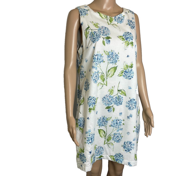 Women's Large Kiel James Patrick Hydrangas White Cotton Shift Dress - Picture 2 of 5